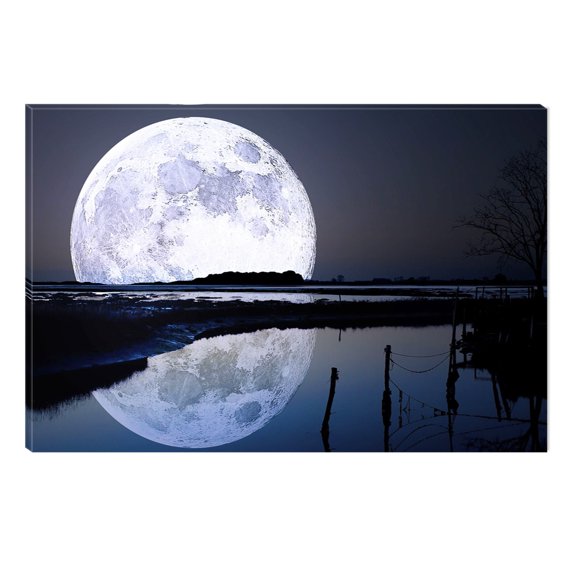 Startonight Canvas Wall Art "Landscape Full Moon Water Reflection", Illuminated Landscapes Canvas Decor 5 Stars Gift 23.62 X 35.43 inch