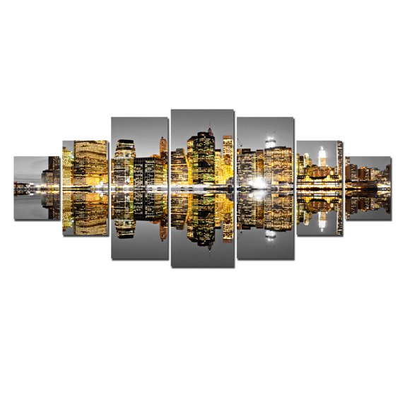 Startonight Huge Canvas Wall Art City In The Mirror Of Water I, USA Large Home Decor, Dual View Surprise Artwork Modern Framed Wall Art Set of 7 Panels Total 39.37 x 94.49 inch