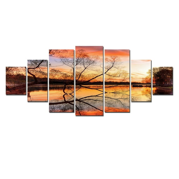 Startonight Huge Canvas Wall Art Gold Sunset On The Lake, USA Large Home Decor, Dual View Surprise Artwork Modern Framed Wall Art Set of 7 Panels Total 39.37 x 94.49 inch
