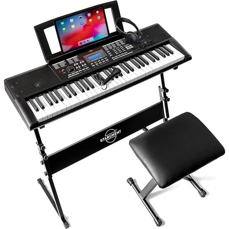 Starument 61 Key Premium Electric Keyboard Piano for Beginners with Stand, Built-in Dual Speakers, Microphone, Headphone, Bench & Display Panel