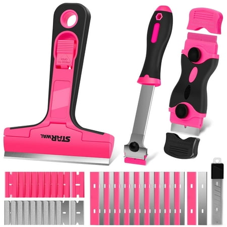 Starwal 3-in-1 Scraper Tool Set, 3-Pack Pink Razor Scrapers with 40 Replacement Blades, Ideal for Removing Stickers, Adhesive, Caulk, and Cleaning Glass Surfaces