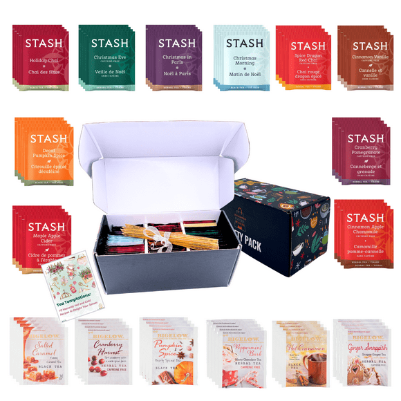 Stash Bigelow Tea Sampler Set - 48pcs with 16 Black Tea, Herbal Tea Varieties, Honey Sticks, and Recipe eBook - Autumn & Holiday Tea Gift in Small Tea Box