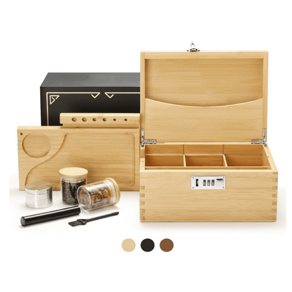 Stash Box with Rolling Tray, Smell Proof Large Bamboo Storage Box with Lock,  Box Set Includes Glass Jars & Grinder, Gift for Men Women