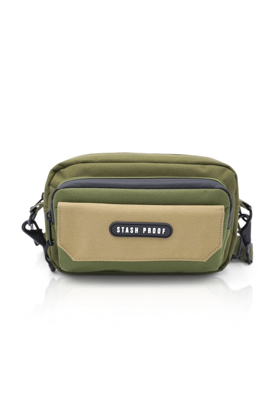 Stash Proof Flip Crossbody Bag in Green and Tan Sling Bag, Small Chest Bag Daypack Fanny Pack Cross Body Bag for Hiking Traveling Outdoors