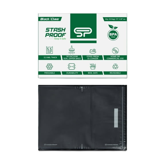 Stash Proof Resealable Zipper Vacuum Seal Bags 15" x 20" (50 Count) 5.5 Mil (Black and Clear) - BPA Free Commercial Grade Food Saver for Storage, Sous Vide, and Meal Prep Sealer Bag
