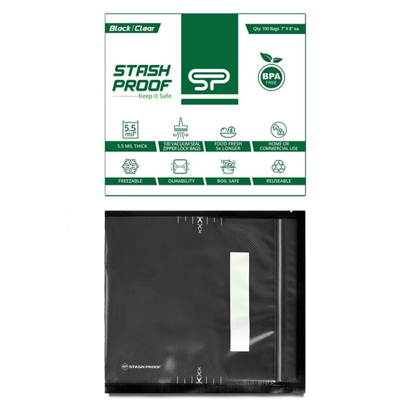 Stash Proof Resealable Zipper Vacuum Seal Bags 7" x 8" (100 Count) 5.5 Mil (Black and Clear) - BPA Free Commercial Grade Food Saver for Storage, Sous Vide, and Meal Prep Sealer Bag