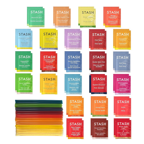Stash Tea 50 Assorted Teas with 20 Honey Sticks, 25x2 Tea Bags, Variety Pack, Herbal Tea Sets, Tea Samplers