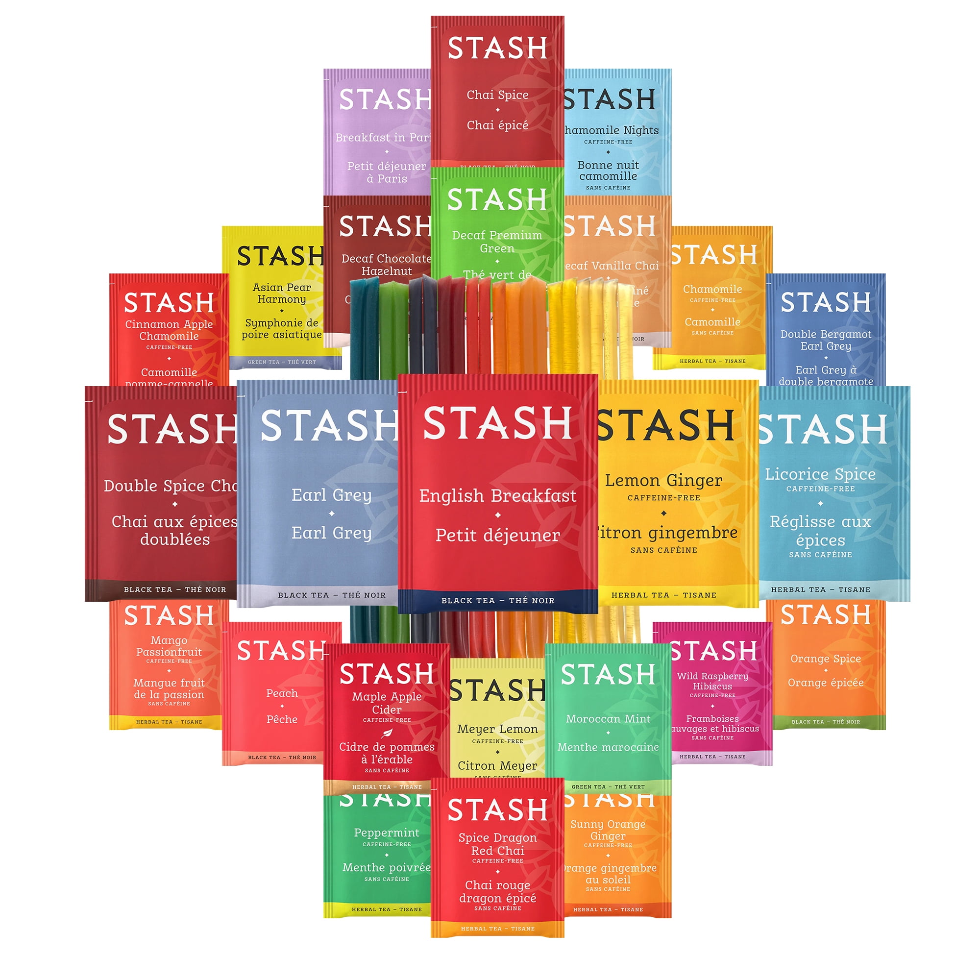 Stash Tea 50 Assorted Teas with 20 Honey Sticks, 25x2 Tea Bags, Variety Pack, Herbal Tea Sets, Tea Samplers
