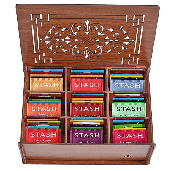 Stash Tea Bags Sampler Assortment Box - 80 COUNT - Perfect Variety Pack in Wood (MDF) Gift Box - Gift for Family, Friends, Coworker (Brown)