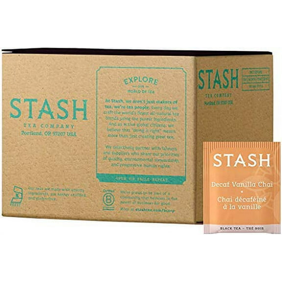 Stash Tea Decaf Vanilla Chai Black Tea 100 Count Box of Tea Bags in Foil (packaging may vary) Individual Decaffeinated Black Tea Bags for Use in Teapots Mugs or Cups, Brew Hot Tea or Iced Tea