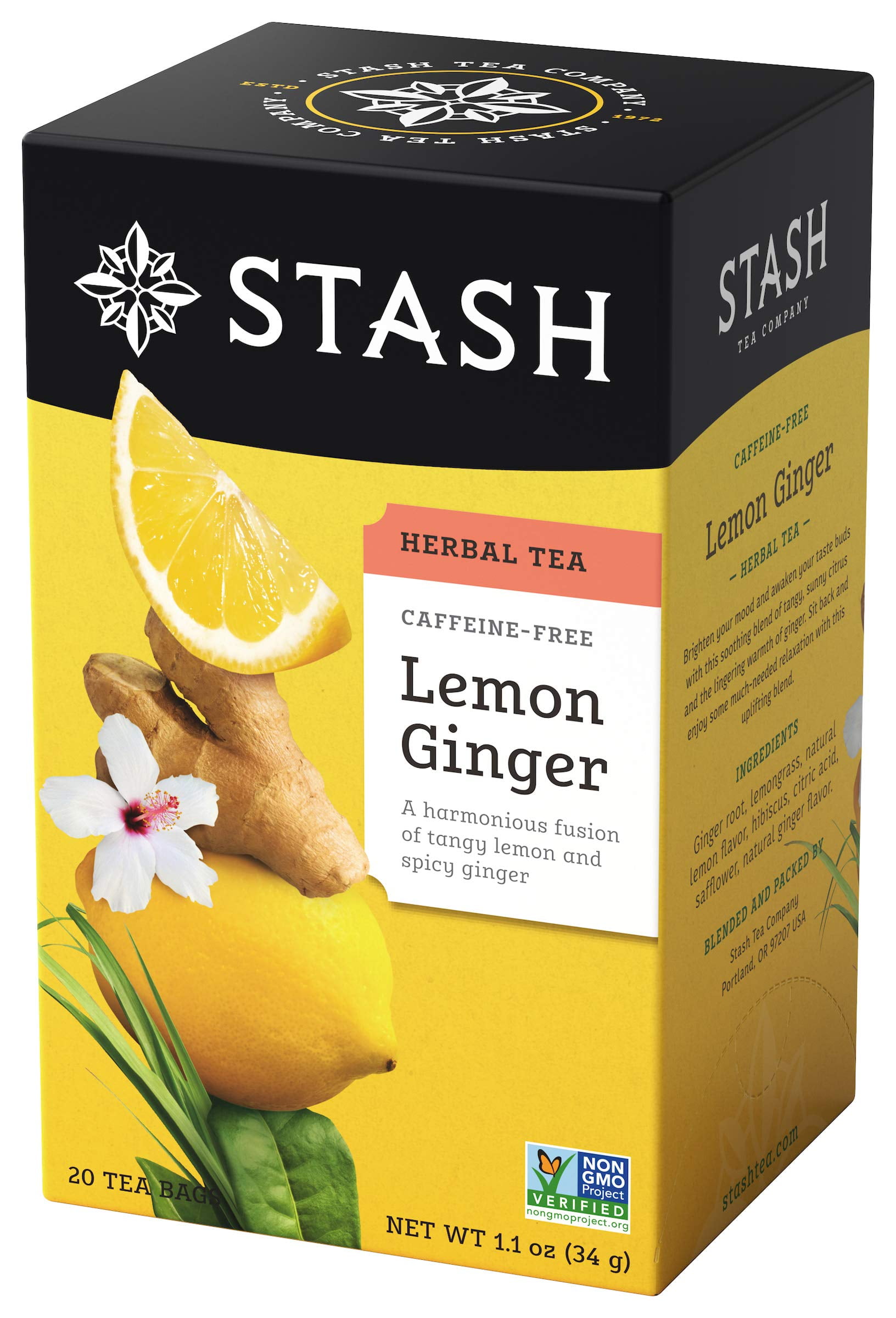 Stash Tea Lemon Ginger Herbal Tea Naturally Caffeine Free, NonGMO