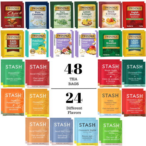 Stash & Twinings Herbal and Decaffeinated Tea Bags Variety Pack, 48 Count – Caffeine-Free Assortment with 24 Flavors