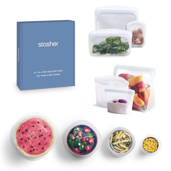 Stasher Premium Food-Grade Silicone Reusable Food Storage Bags & Stretch Lids Starter Set: Airtight Seal, BPA Free, Dishwasher Safe/Leak Free, Clear, 10 Pack Set