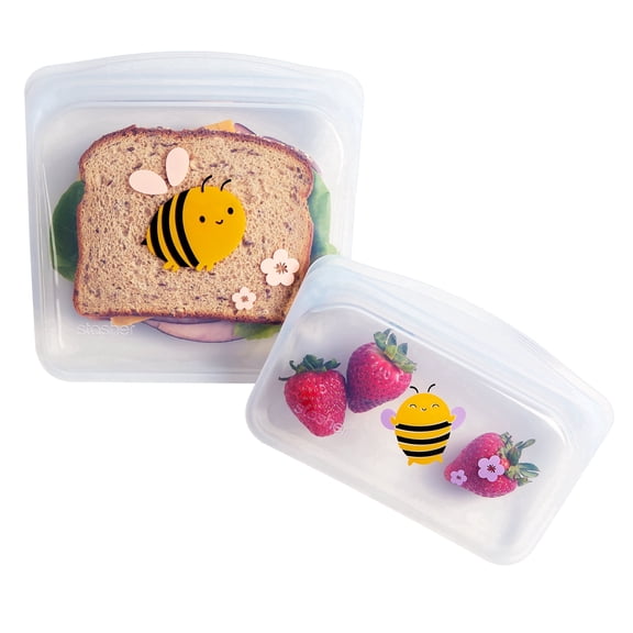 Stasher 2-Pack Kids Reusable Lunch Set, Silicone Sandwich & Snack Food Storage Bags, Microwave Dishwasher & Freezer Safe, BPA-Free, Leak-Free, Bee Print