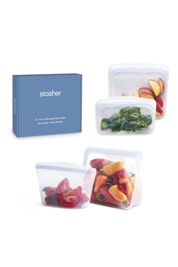 Premium Food-Grade Silicone Reusable Food Storage Container Starter Kit, Pinch Loc Seal, BPA Free, Dishwasher Safe/Leak Free, Clear, 4 Pack Bags