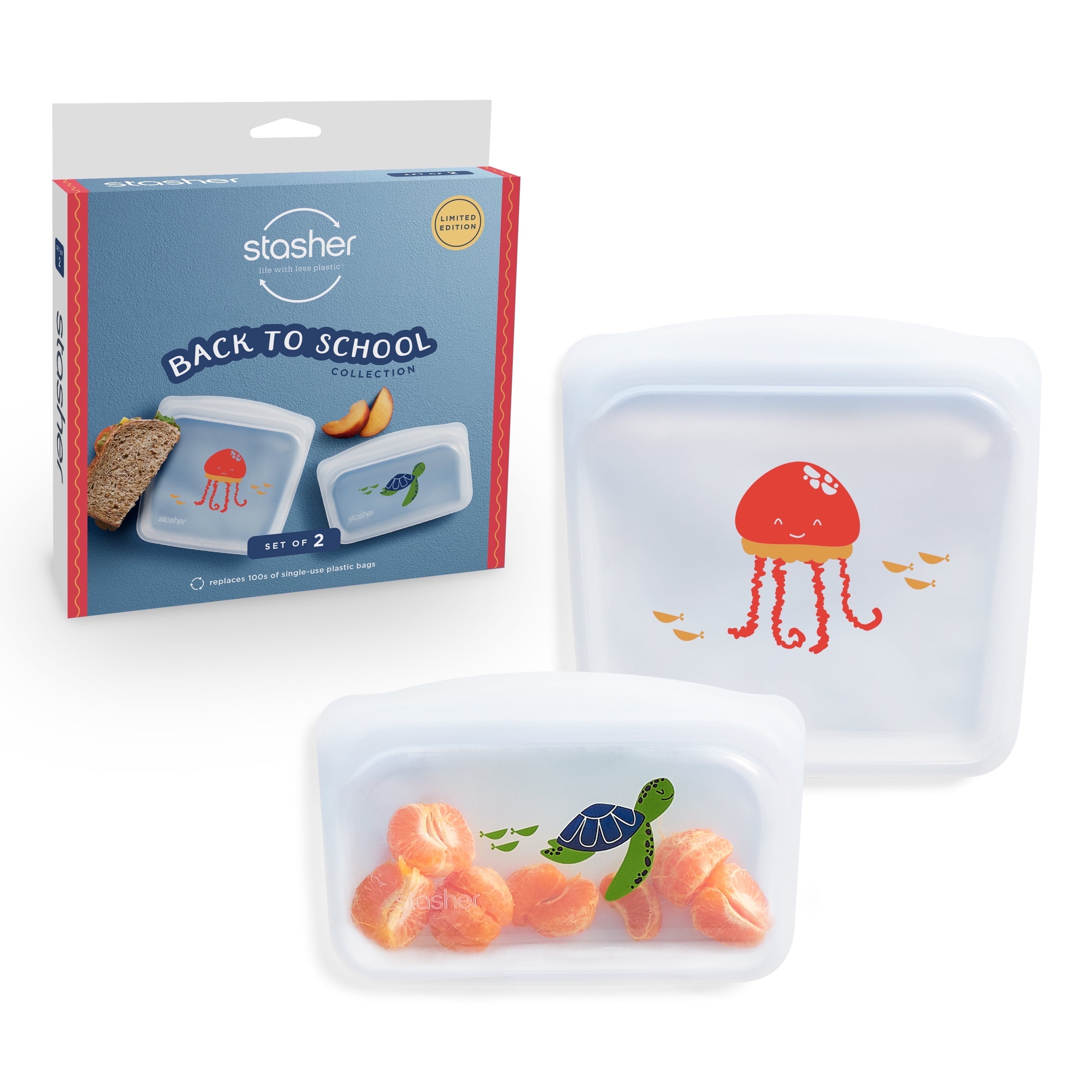 Stasher Back to School Collection: Premium Silicone Reusable Food Storage Bags, 2-Pack, Multi-Use, Lunch Bag, Leak-free, Dishwasher Safe, Eco-friendly