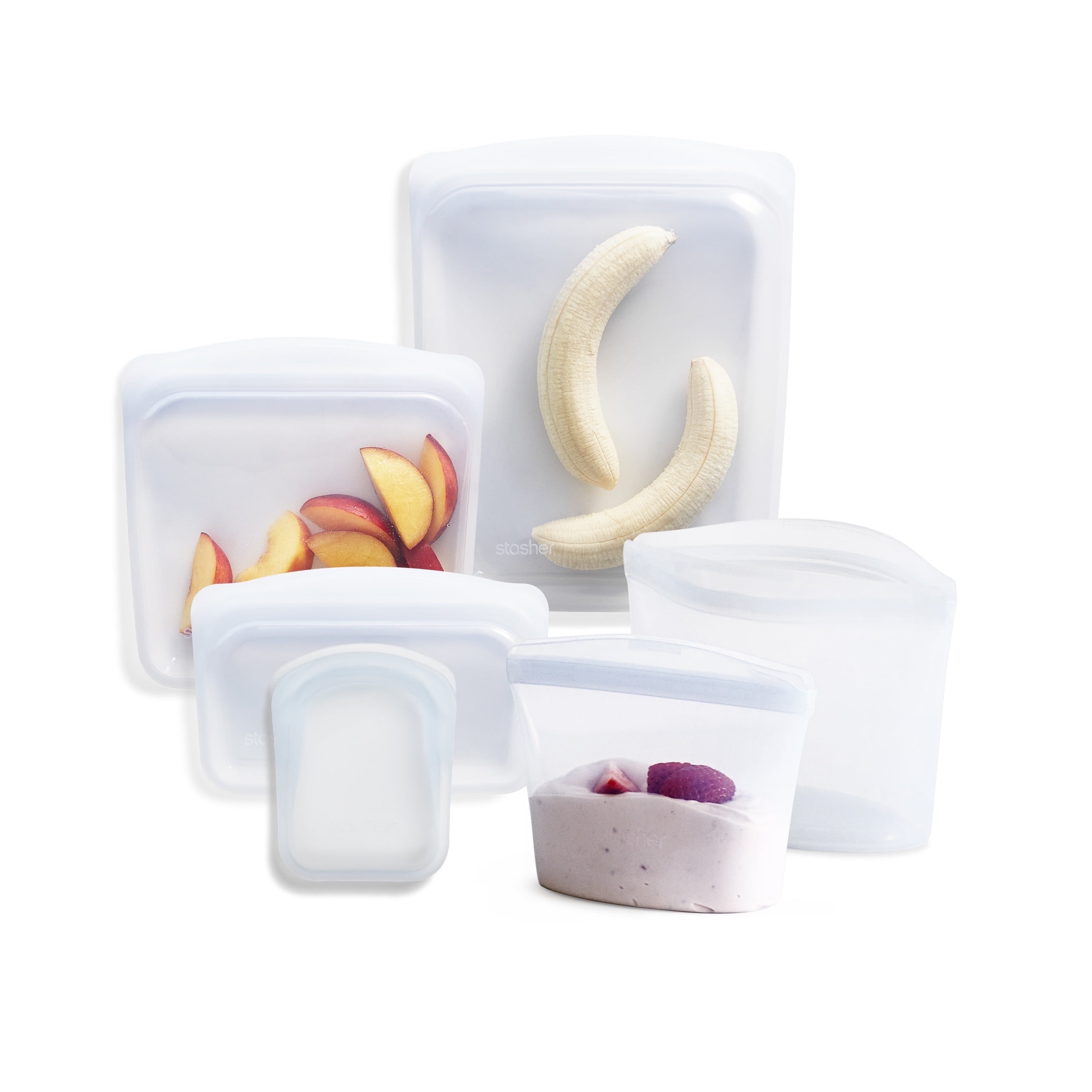 Stasher Premium Silicone Reusable Food Storage Bags, 6-Pack, Clear, Multi-Use, Dishwasher-Safe, Leak Free, Travel Containers