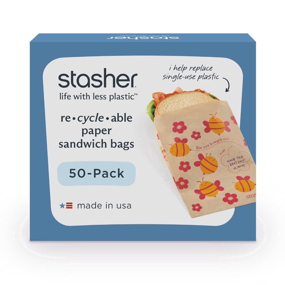 Stasher Sealable Paper Sandwich Bags for Kids Lunch, Food-Safe, Recyclable, 50 ct, Bee