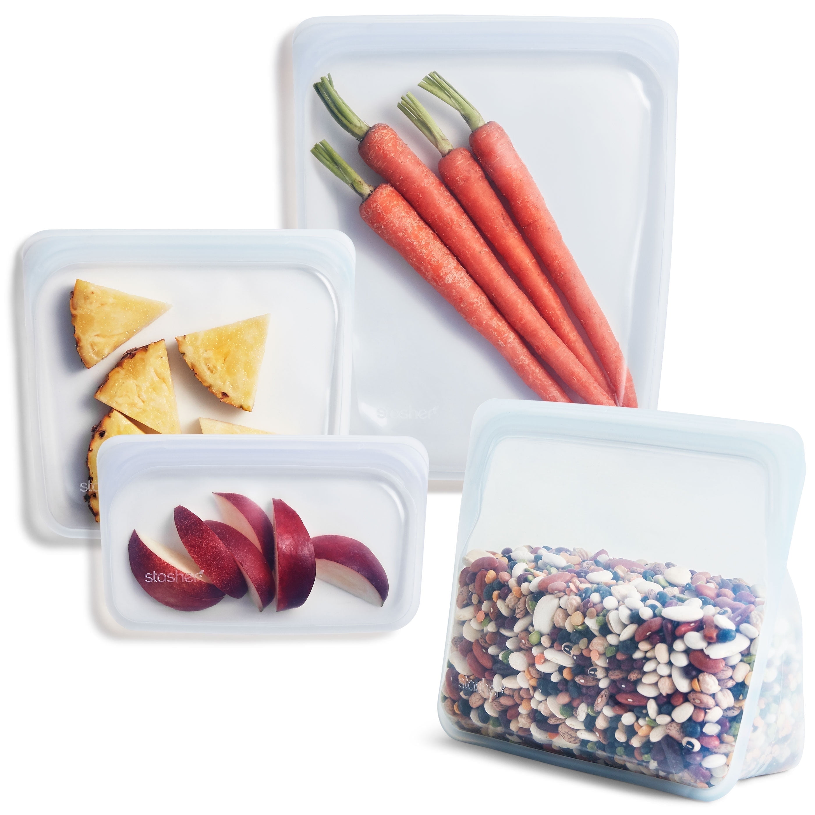 Stasher Premium Silicone Reusable Food Storage Bags, 4-Pack, Clear, Multi-Use, Dishwasher Safe, Leak Free, Travel Containers