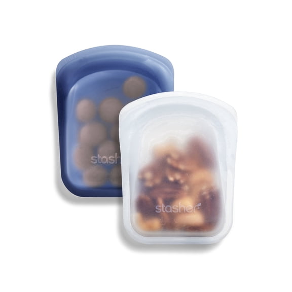 Stasher Premium Food-Grade Silicone Reusable Food Storage Container, Holds 4 oz, Leak Free Pinch Loc Seal, Clear & Deep Ocean Blue, 2 Pack Bags