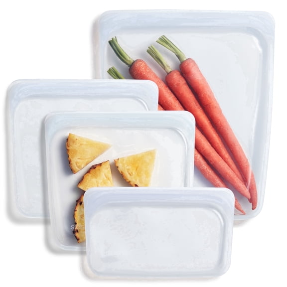 Stasher Premium Food-Grade Silicone Reusable Food Storage Container, Leak Free Pinch Loc Seal, Clear, 4 Pack Bags