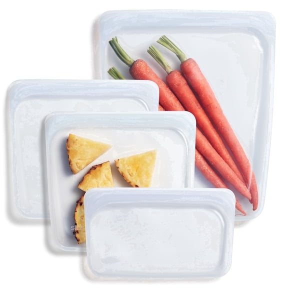 Stasher Premium Food-Grade Silicone Reusable Food Storage Container, Leak Free Pinch Loc Seal, Clear, 4 Pack Bags