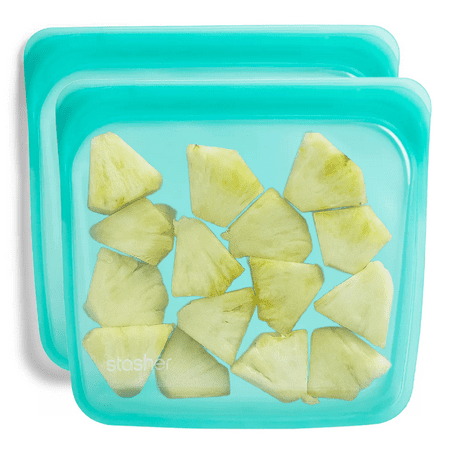 Stasher Reusable Silicone Storage Bag, 2 Pack, Food Storage Container, Microwave and Dishwasher Safe, Leak-free, Sandwich, Aqua