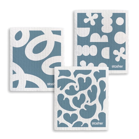 Stasher Reusable Swedish Dishcloths, 7" x 8", Washable Absorbent Biodegradable Odor Resistant, Geometric Print, 3 Pack, Mother's Day Gifting