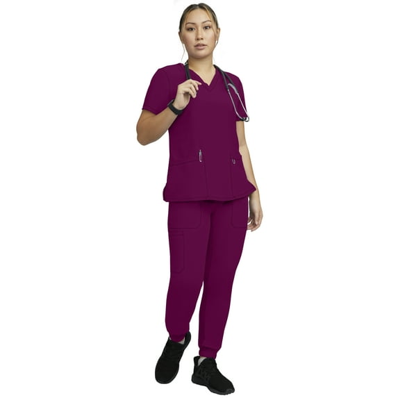 Stat Medical Wear Women’s Scrubs Set - 2 Pocket V-Neck Scrub Top with 5 Pocket Joggers Pant Set 100210 (Size M, Color Wine)