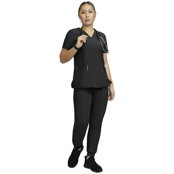 Stat Medical Wear Women’s Scrubs Set - 2 Pocket V-Neck Scrub Top with 5 Pocket Joggers Pant Set 100210 (Size S, Color Black)