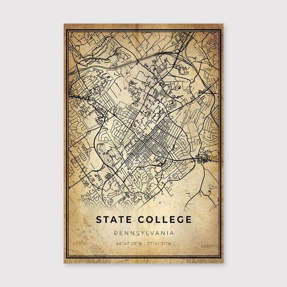 State College Map Art: Pennsylvania Vintage Printfor Living Room Bedroom Office Farmhouse Neutral Home Artwork Ready to Hang 8x12 inch
