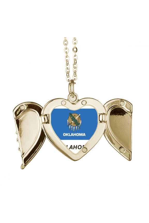 State Flag Contour Oklahoma Folded Wings Peach Heart Pendant Necklace