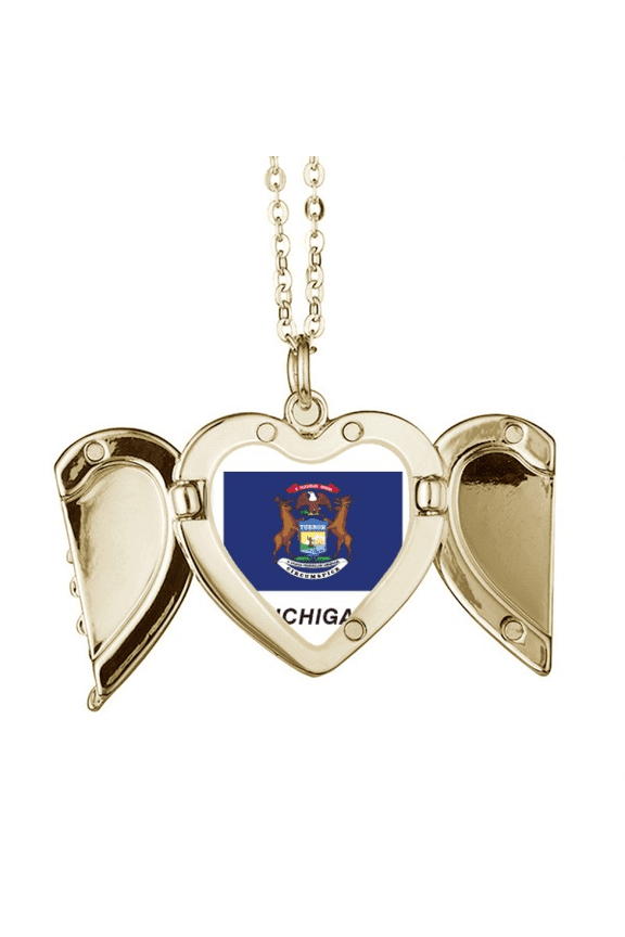 State Flag Outline Michigan Folded Wings Peach Heart Pendant Necklace