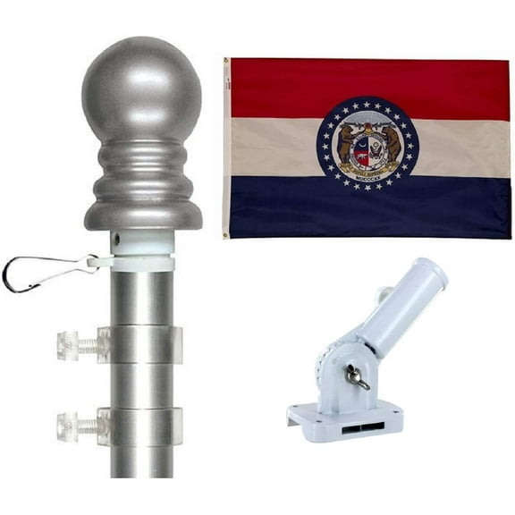 State Flag and Tangle Free Flagpole Set, Choose from All 50 State 3'x5' Flags with a Residential or Commercial Flag Pole, Includes State Flag, Flag Pole and Adjustable White Bracket Missouri