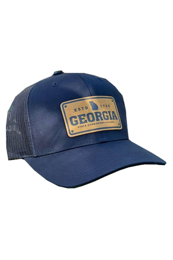 Georgia License Plate Leather Patch Adjustable Snapback Trucker Hat, Black/Black