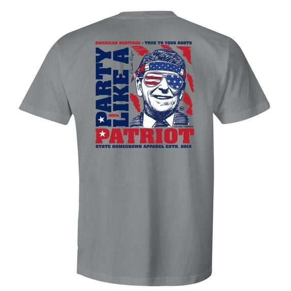 State Homegrown Party Like A Patriot Ronald Reagan Adult Unisex Short Sleeve Pocket T-Shirt, Concrete- Large