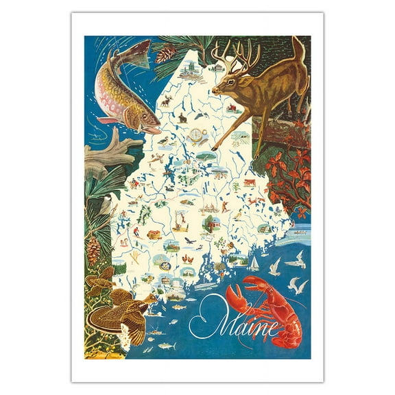State of Maine Wildlife Map - New England - Vintage Pictorial Map by J.G. Shelley & Louis Koster c.1950s - Fine Art Matte Paper Print (Unframed) 30x44in