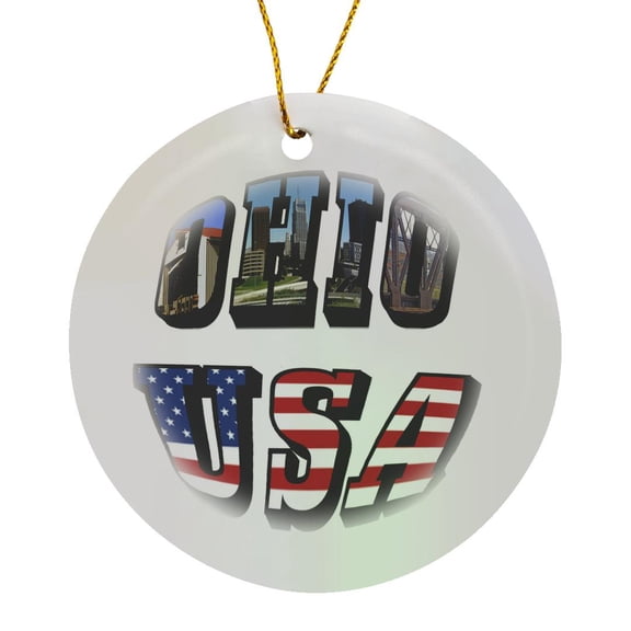 3drose, State Map and Picture Text of Ohio, Circle Porcelain Ornament