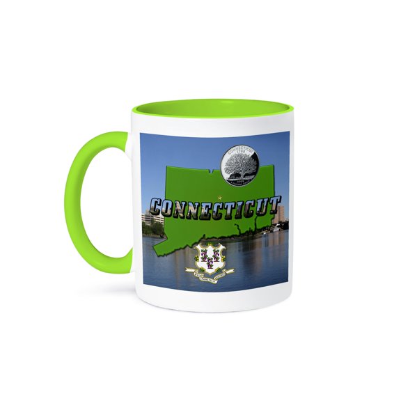 3dRose, State Map, Picture Text, Hartford, Coat of Arms and Quarter of Connecticut, 11oz Two-Tone Green Mug