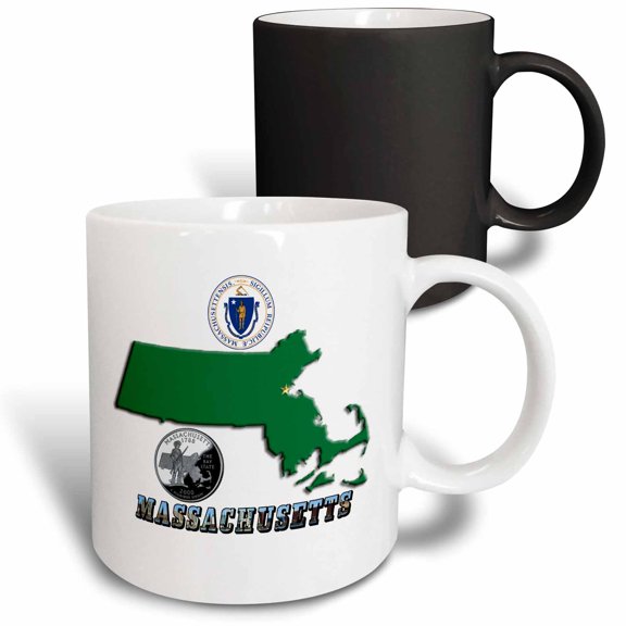 3drose, State Map, Quarter, Seal and Picture Text of Massachusetts, 11oz Magic Transforming Mug