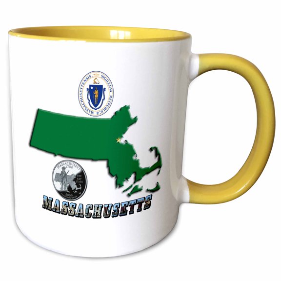 3drose, State Map, Quarter, Seal and Picture Text of Massachusetts, 11oz Two-tone Yellow Mug