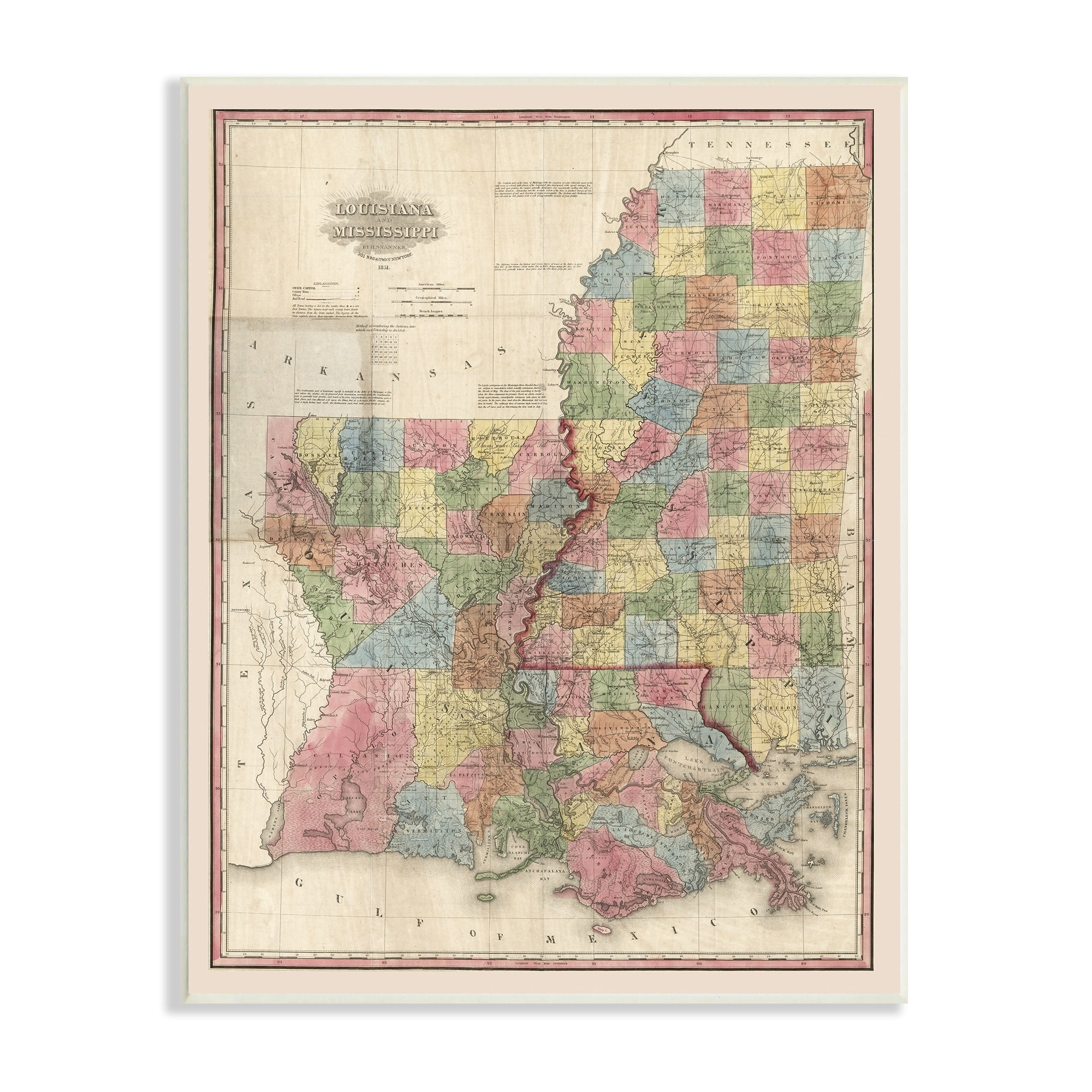 State Map of Louisiana Mississippi Vintage US Cartography 13 in x 19 in Framed Drawing Art Print, by Stupell Home Décor