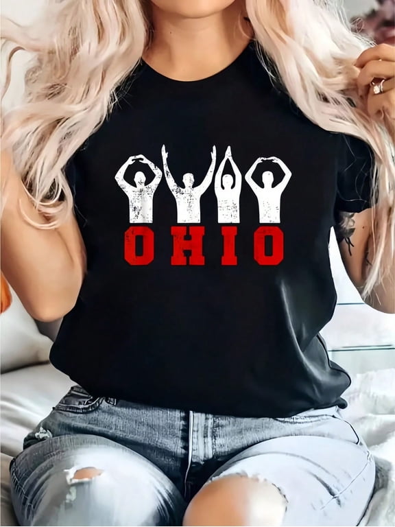 State Of Ohio Ohioan Distressed Print Cotton Short Sleeve Tee Crew Neck All Season Top