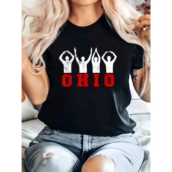 State Of Ohio Ohioan Distressed Print Cotton Short Sleeve Tee Crew Neck All Season Top