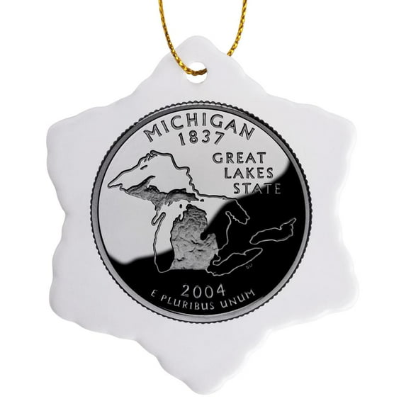 3drose, State Quarter of Michigan (pd-us), 3 inch Snowflake Porcelain Ornament