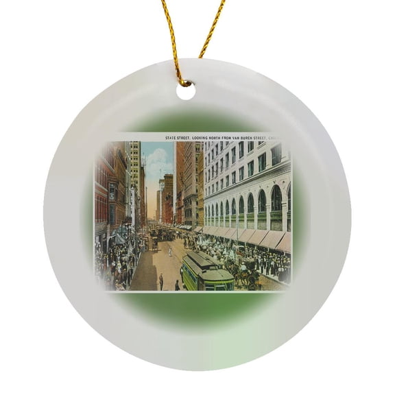 3drose, State Street from Van Buren Chicago Ill Street Scene Horse and Buggy, Circle Porcelain Ornament