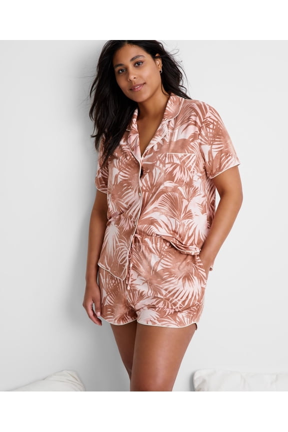 Women's 2-Pc. Short-Sleeve Notched-Collar Pajama Set, Size Large - Palm Satin Pink