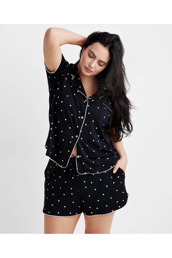 Women's 2-Pc. Short-Sleeve Notched-Collar Pajama Set Size Medium - Deep Black