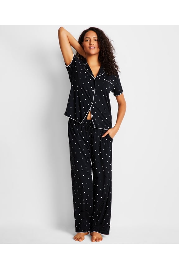 Women's Fluid Knit Notched Pajama Set, Size X-Large - Deep Black
