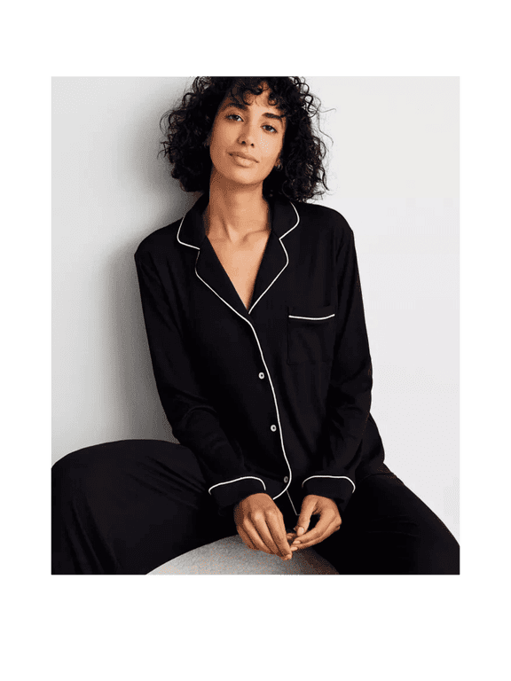 Women's Ribbed Notched-Collar Pajamas Set, Deep Black, Size Large